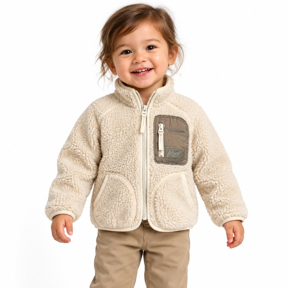 Roots Sherpa Fleece Jacket Toddler 2T Cream Full Zip Sporting Goods Logo Pockets